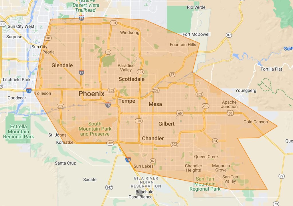 Couch or Sofa service area map of the Phoenix metro